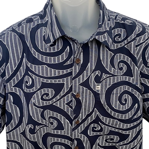QUIKSILVER Navy Blue & White Aloha Hawaiian Collared Shirt Men L Large - Picture 2 of 8